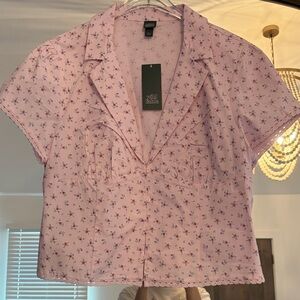 wild fable Pink Short-Sleeve Floral Button-Up Blouse